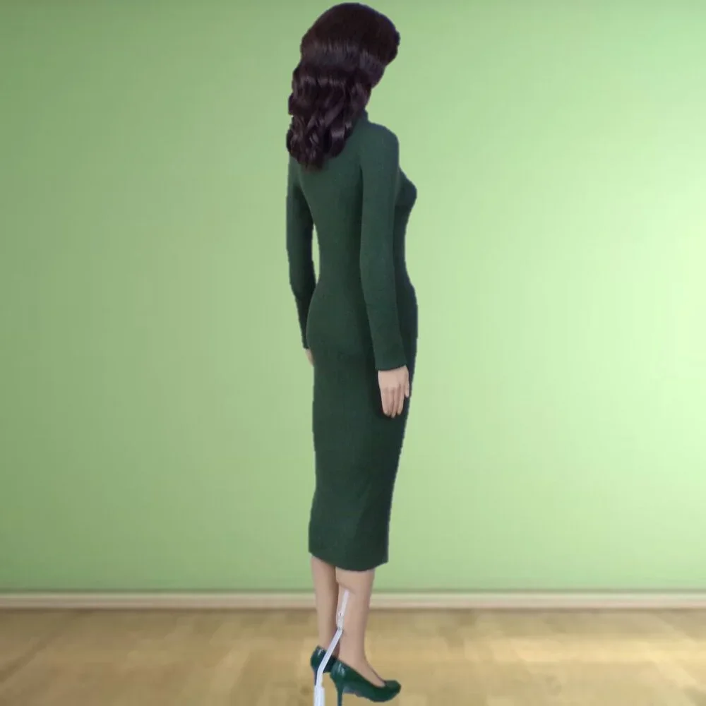 ROCOROSE size M forest-green knit bodycon long-sleeve turtleneck midi dress - Picture 4 of 13